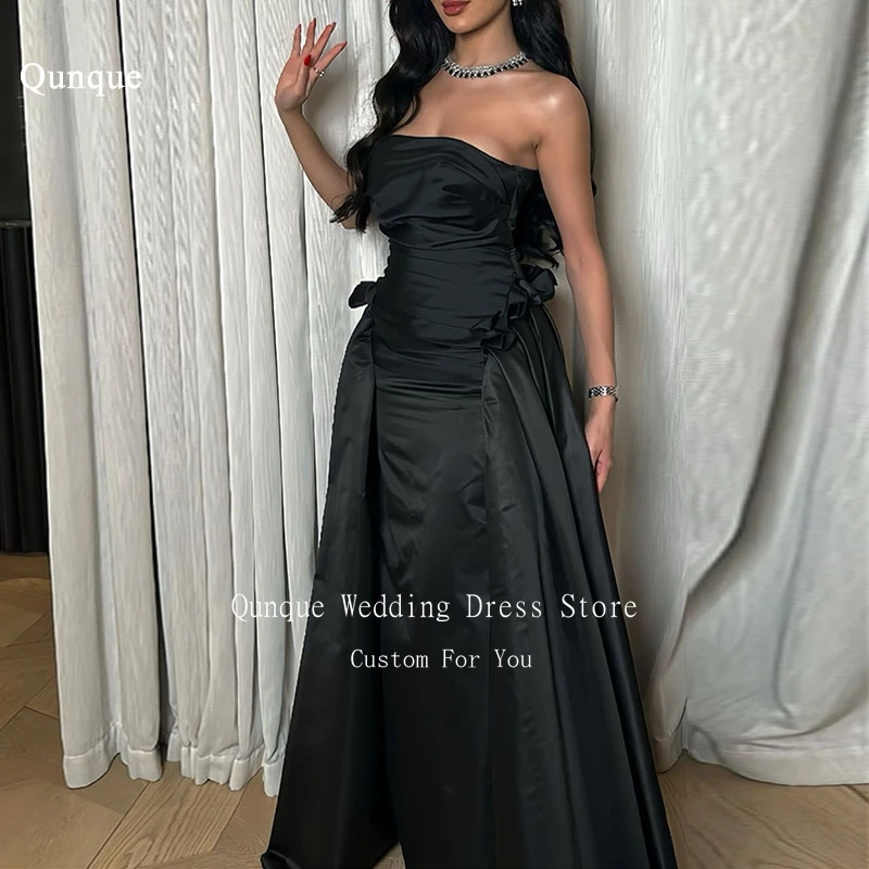 

Qunque Black Satin Off the Shoulders Vestidos De Noche Evening Dresses Strapless Pleat Formal Occasions Evening Gowns Customized