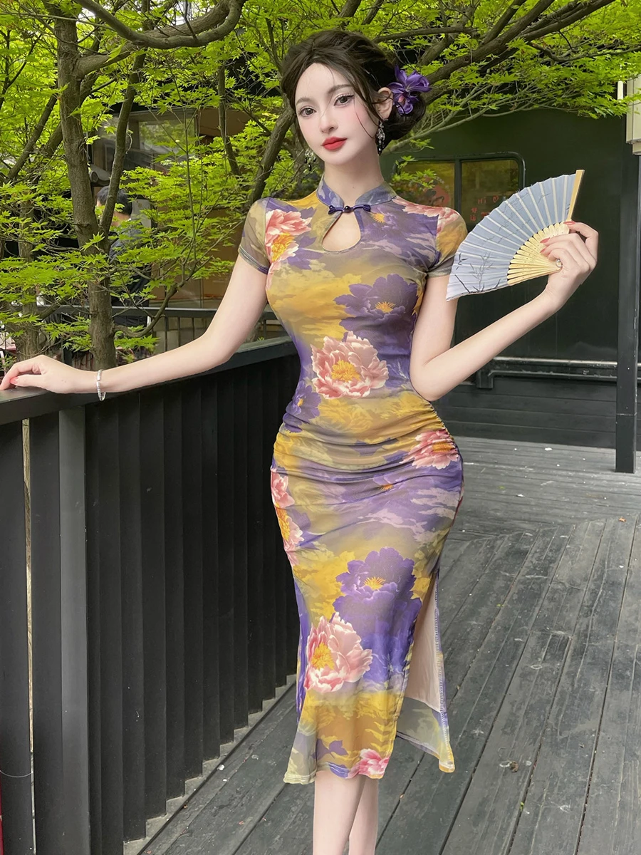 Sexy Retro Hollow Button Print Improved  Dress Tummy Control Short Sleeve Women's Summer Slim Fit Dress for Young Girls