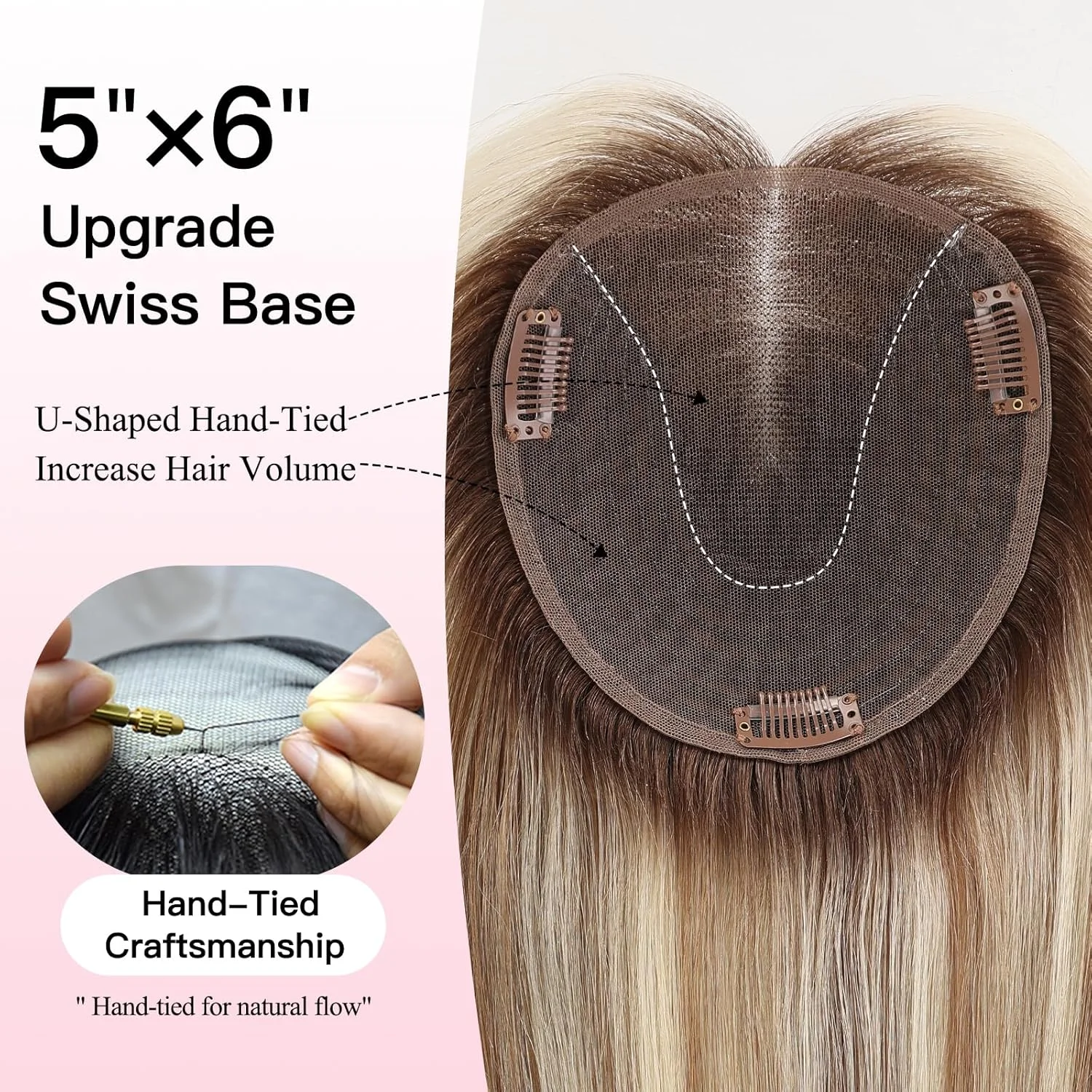 100% Human Hair Toppers for Women Brown Mixed BLonde Highlights Hair Topper 5×6in Upgrade Swiss Lace Base with 3 Non-Slip Clips