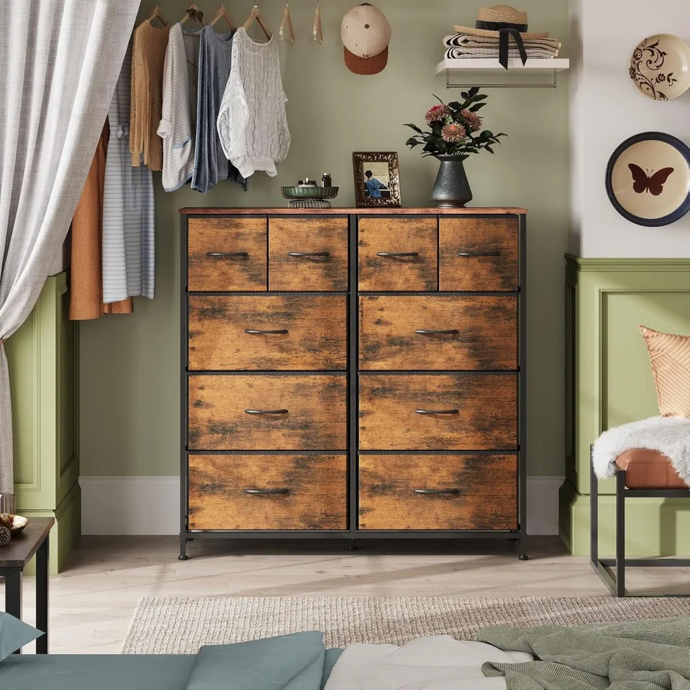 Dresser for Bedroom with 10 Drawers, Wide Fabric Dresser for Storage and Organization,for Living Room, Rustic Brown Wood