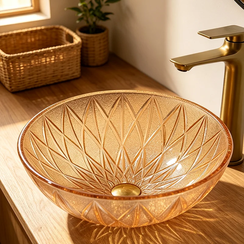 Amber-Colored Glass Countertop Basin, with a Simple and Elegant Round Shape, the Light Passing through the Basin Creates Dynamic Reflections, Creating a Rich Atmosphere. the Three-Dimensional Diamond Design Adds More Layers of Light and Shadow, Making It an Ideal Choice for Modern Bathroom Fixtures, Suitable for Dressing Rooms, Vanity Tables, and Home Bathroom Sinks, and Can Be Matched with Various Decor Styles (Accessories Not Included)