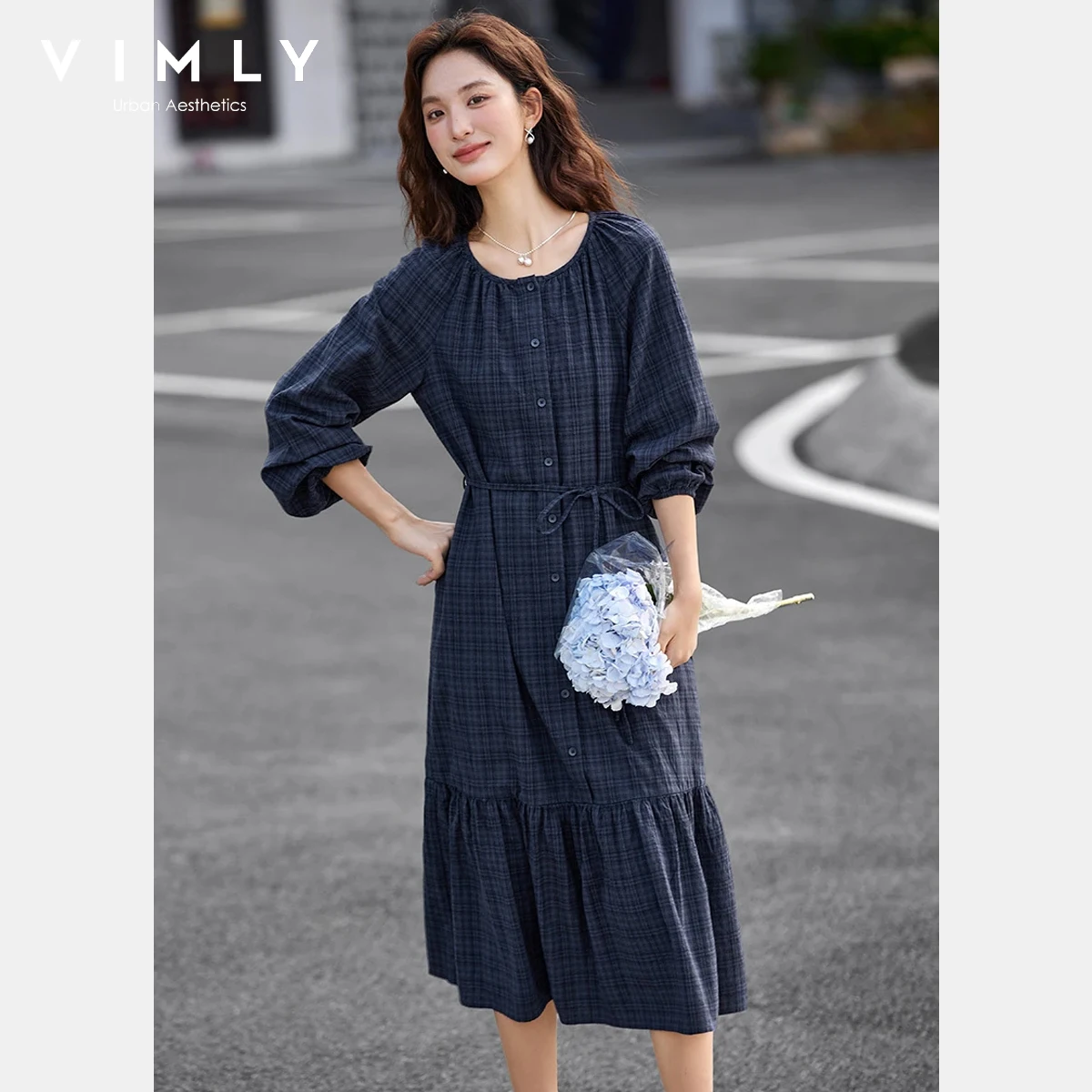 

VIMLY Plaid Round Neck Dress Women 2025 Autumn Casual Loose A-line Dresses Elegant Long Sleeve Belt Dress Female Clothing A2807