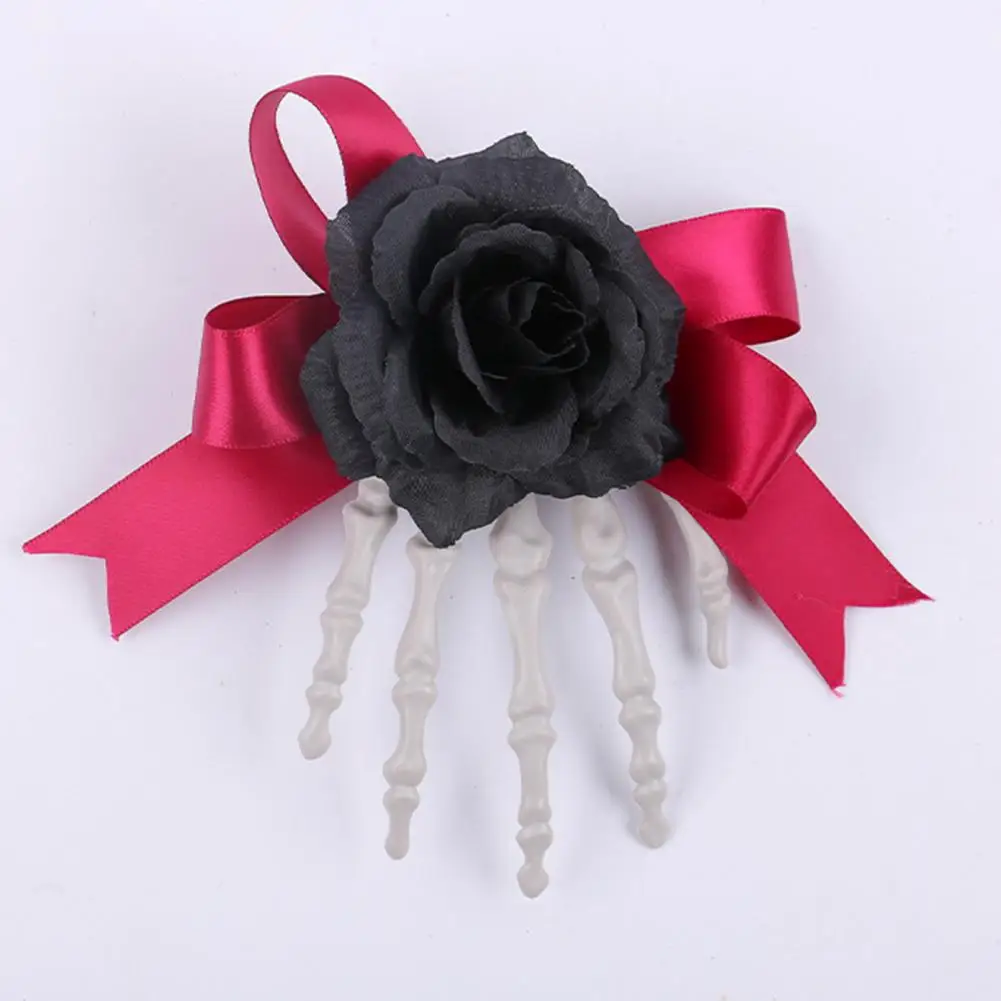 Hair Accessory Hairpin Dark Style Halloween Hair Pin Skeleton Hand Frame with Artificial Rose Flower Bow Decoration Spooky for A