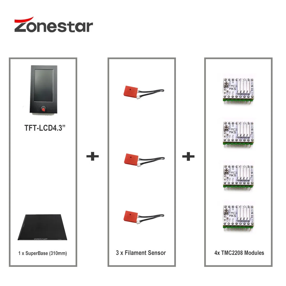 Imagem -02 - Zonestar Z9m3 Z8sm3 Z8t Atualizar Peças Combine 4.3 Tft-lcd Tmc2208 Filamento Run Out Sensor Flexível Etiqueta Magnética Vidro