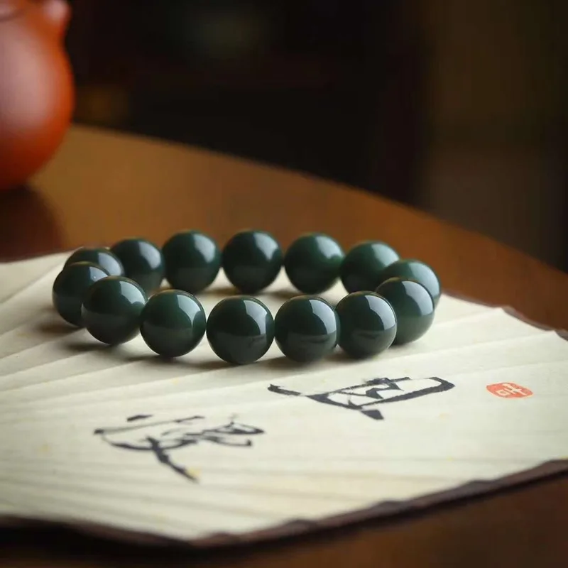 Natural Hetian Jade Russian Material Old Jadeite Sandalwood Green Plain Bracelet