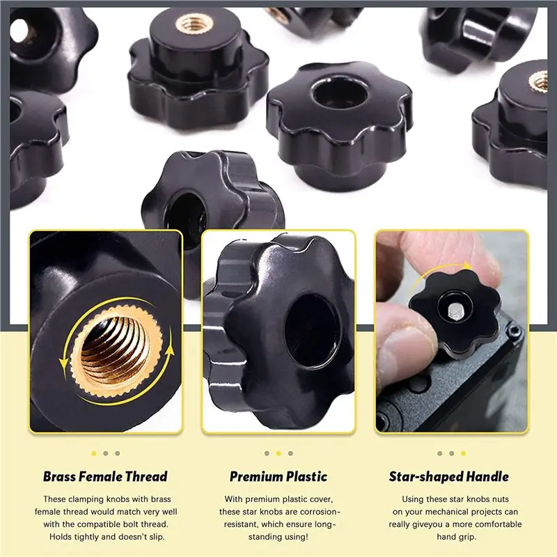 ABUG-150Pcs M6 Star Knob Clamping Handle Nut Through Hole Set Brass Female Threaded Handle Screw On Knob Grip Black Plastic