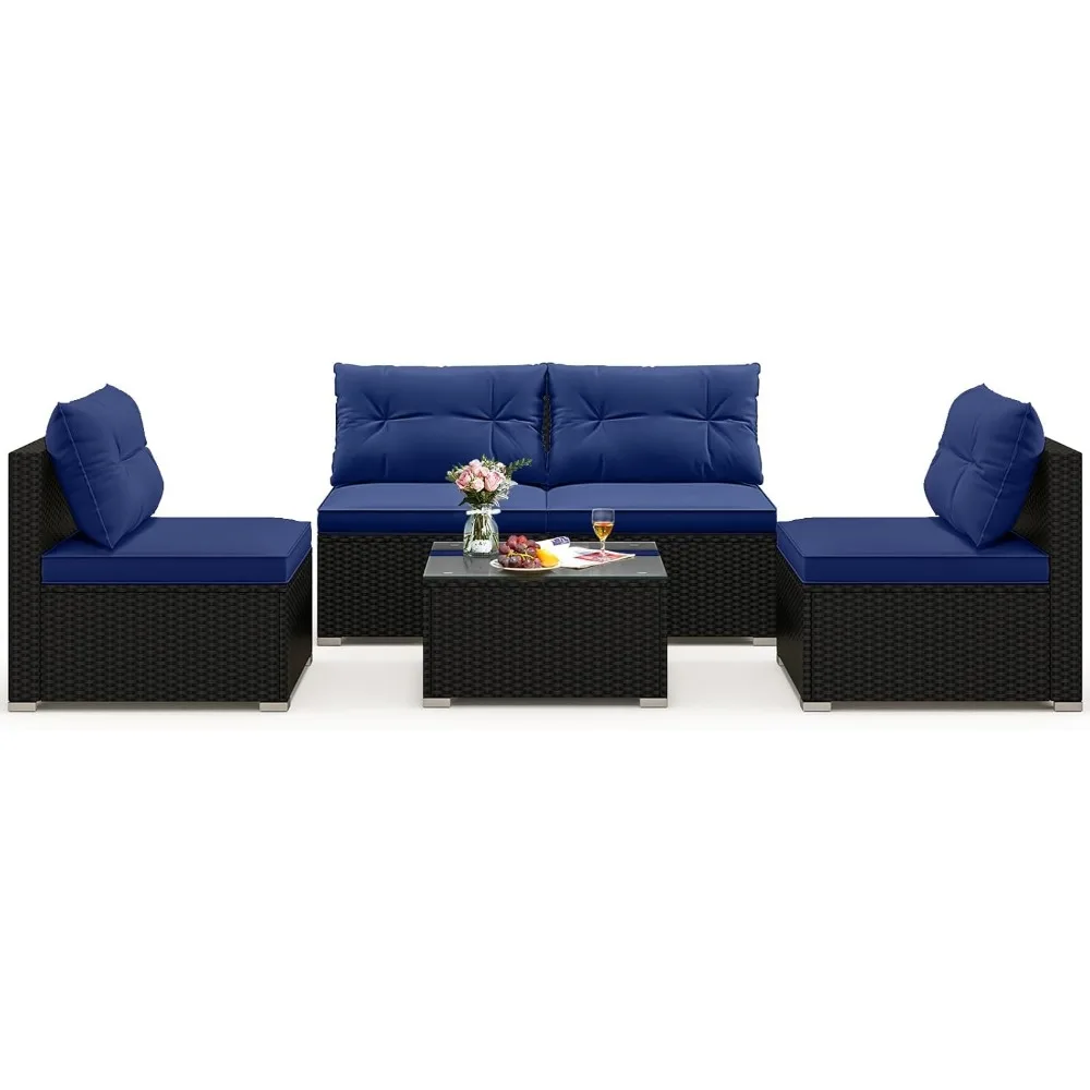 

5-piece rattan sofa set, outdoor wicker furniture with seat and backrest cushion, square coffee table, terrace segmented sofa