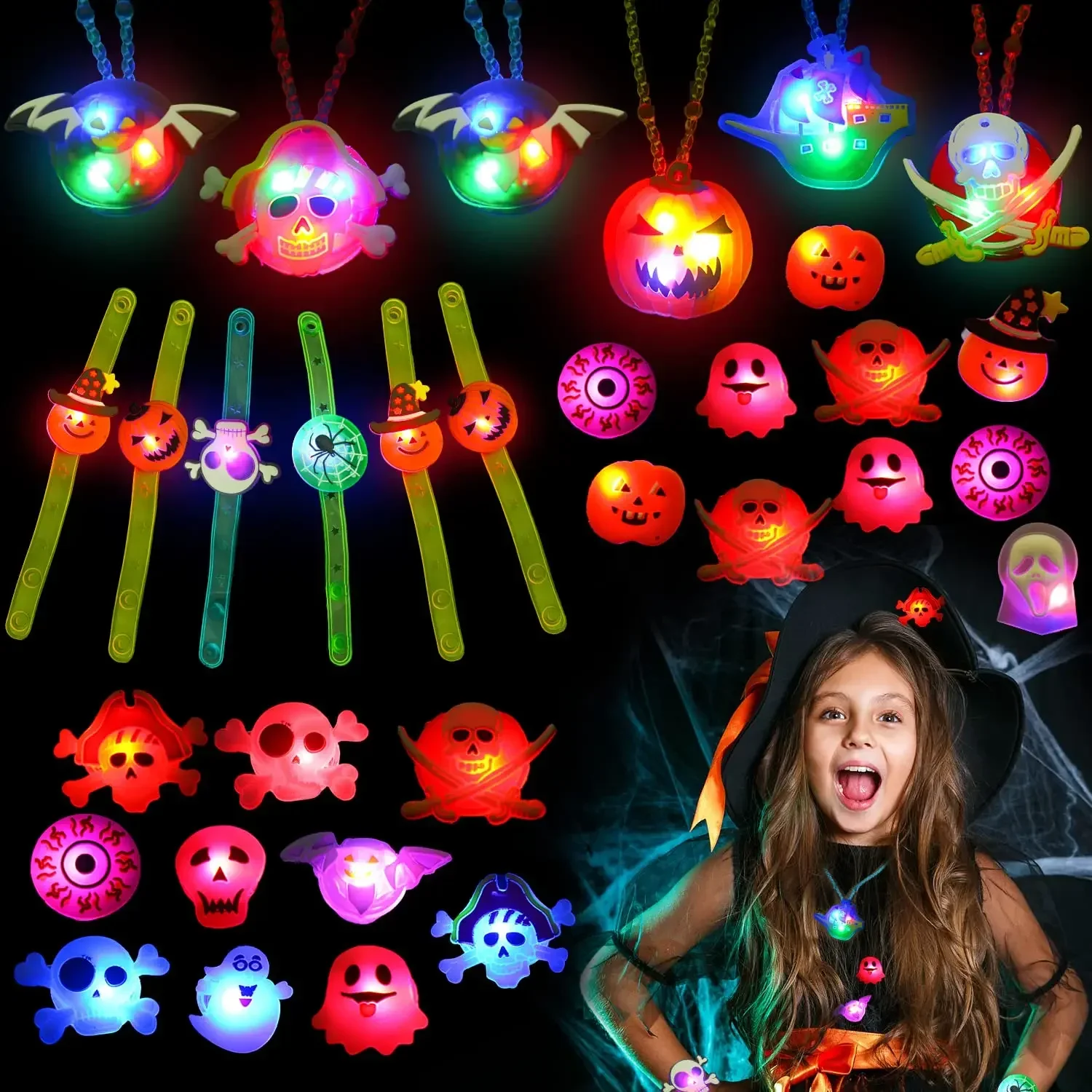 200pcs Halloween Decorations Creative Cute Pumpkin Ghost Eye Rings for Children Halloween Luminous Rings LED Flash Finger Ring