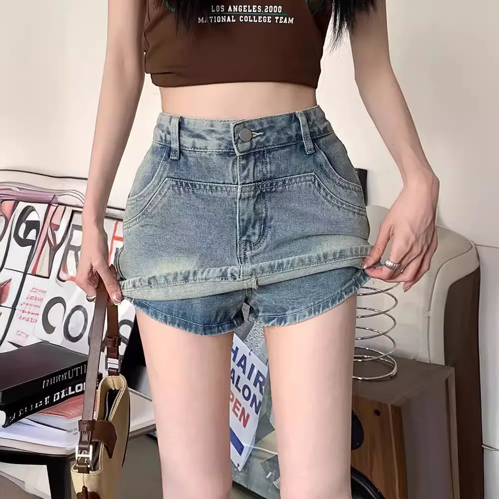 American vintage washed high-waisted denim skirt women's summer new hot girl culottes skirt hip-hugging skirt