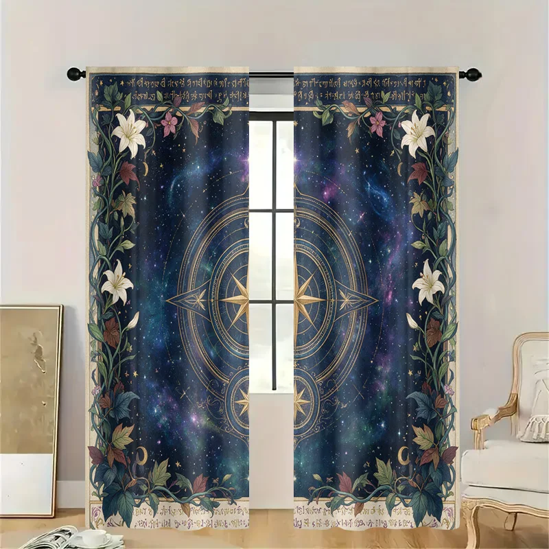 Celestial Zodiac Constellation Starry Galaxy Curtain Boho Floral Window Drapes Semi-Sheer Cosmic Universe Home Decor Room Divide