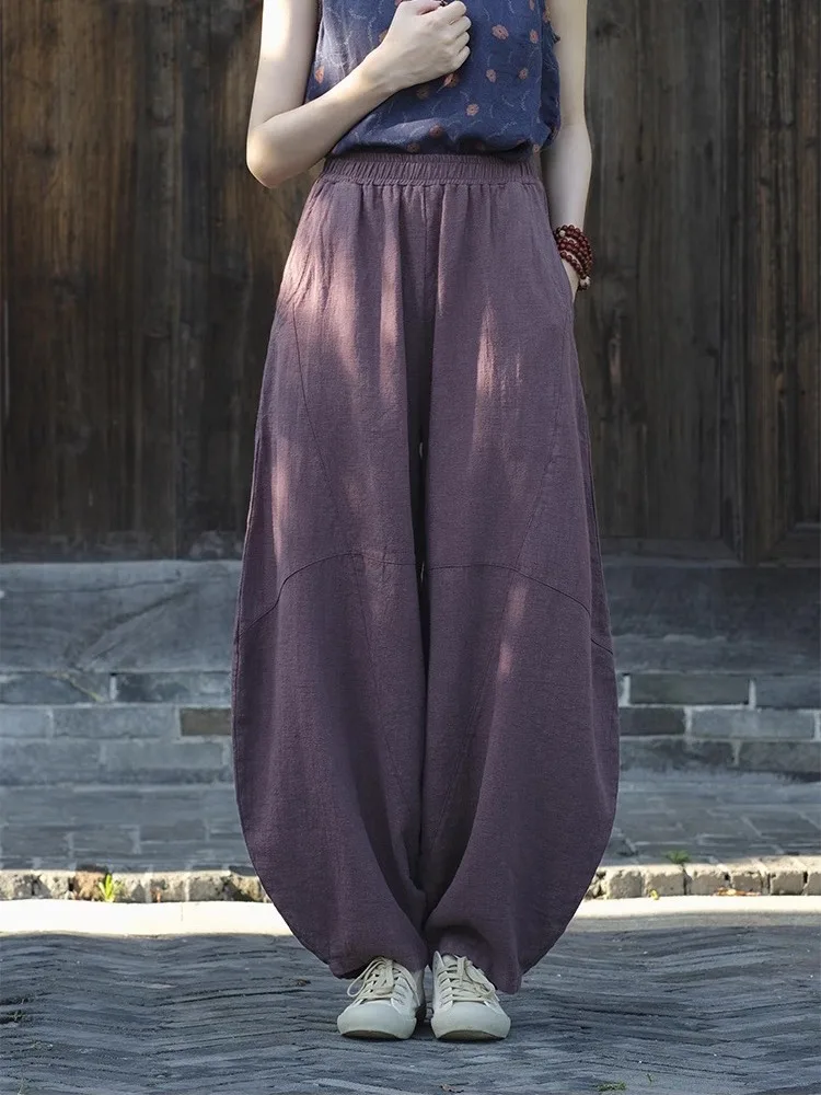 High Waist Wide Leg Lantern Pants Women's Casual Loose Fit High Waist Lantern Pants Linen Material Chinese Style Autumn Wear