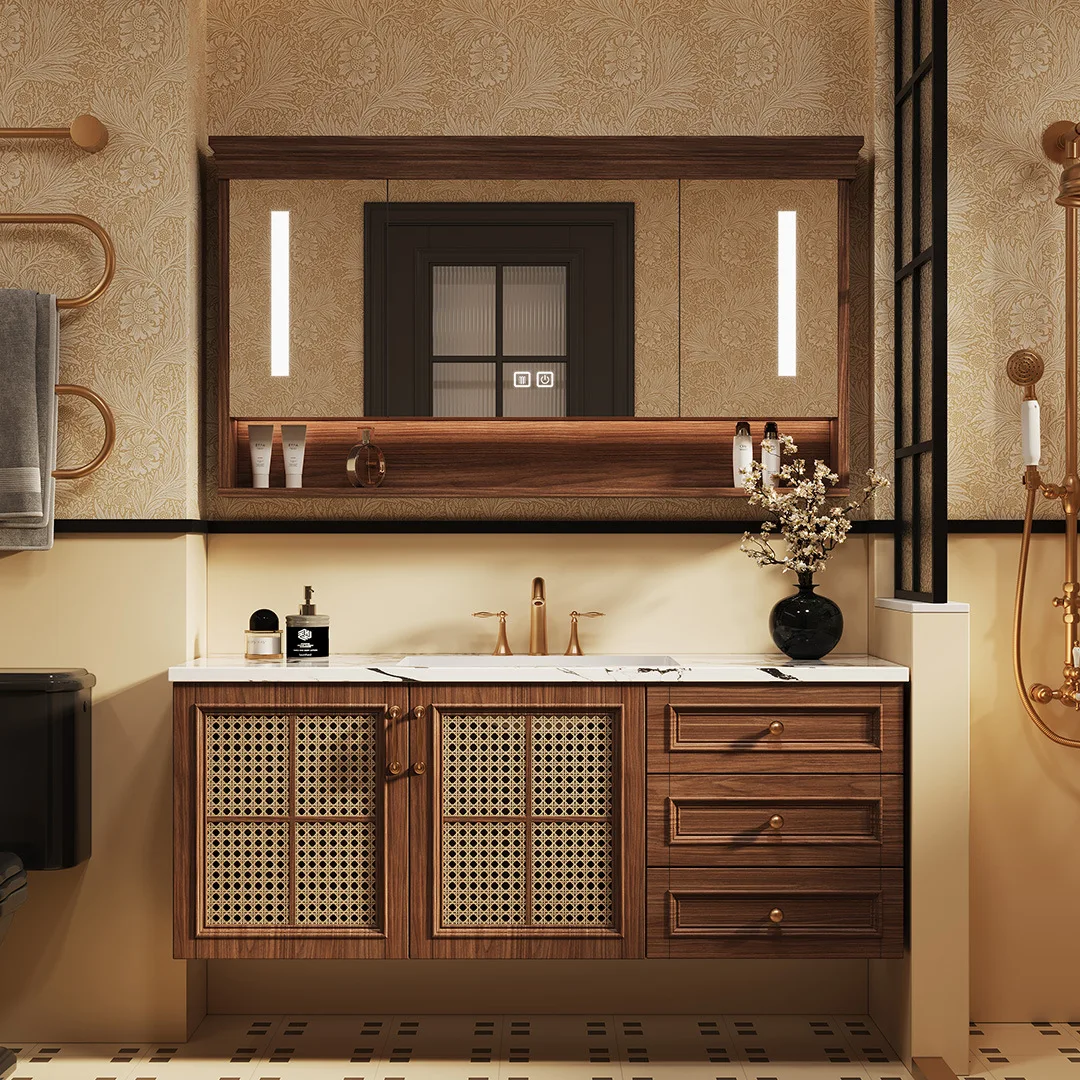 Factory Direct 2026 Top Rated Lavabo integrado estilo medieval, retro, tejido de ratán combinación, losa de r