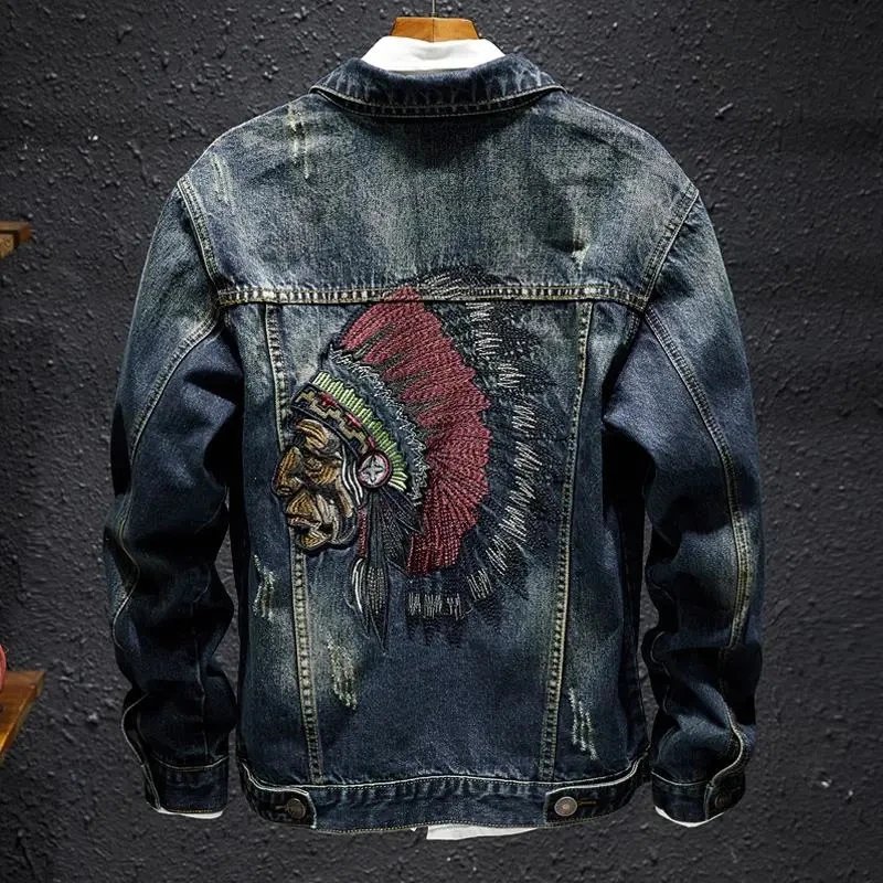 Men Fashion Denim Jacket Embroidery Ripped Slim Jeans Coat Spring Autumn Casual Motorcycle Outwear Male Clothes Chaquetas Hombre