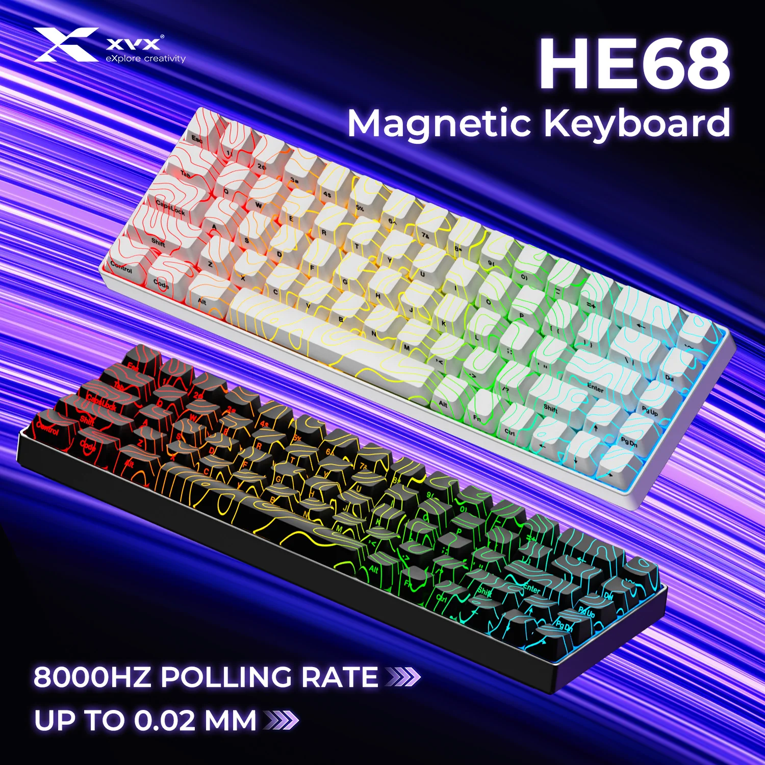 

XVX HE68 White Magnetic Switch Mechanical Keyboard 60% Rapid Trigger 0.02mm 8K/1K Return 68 keys Wired Gaming Keybaord