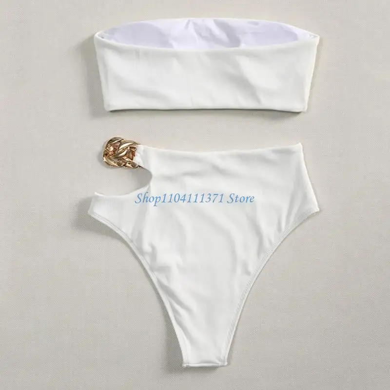 P9FC Women Sexy 2 Pieces Set Strapless Bandeau Ribbed Color Swimsuit Cutout High Waist Chain Patchwork Thong Suit