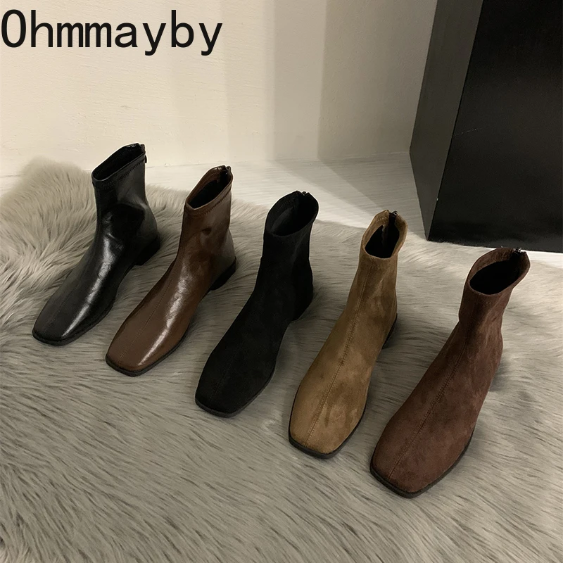 2025 Spring Autumn Women Modern Ankle Boots Fashion Square Toe Short Booties Ladies Casual Low Heel Shoes