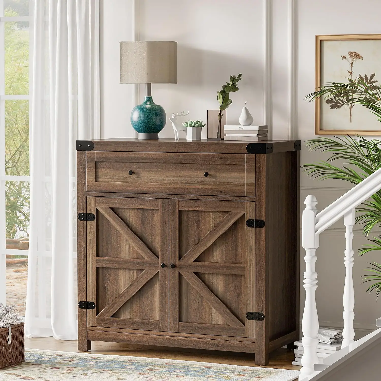 Coffee Bar Cabinet with Storage, 1 Drawer & 2 Barn Doors, Sideboard Buffet for Kitchen Living Room Entryway, Customized