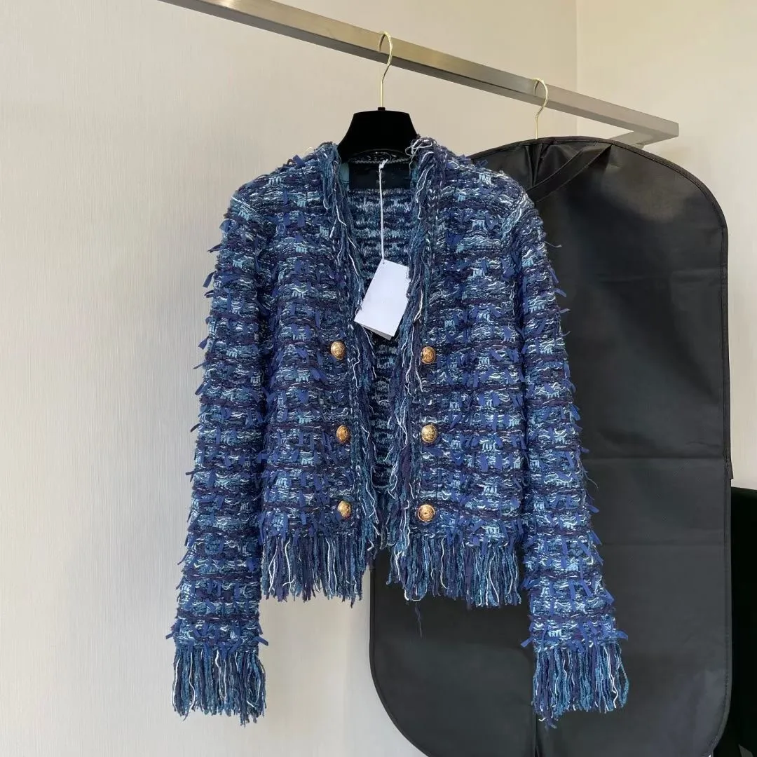 

Blue Women's tweed jacket fragrance, autumn/winter women's jacket, plaid short top, new One piece classic jacket