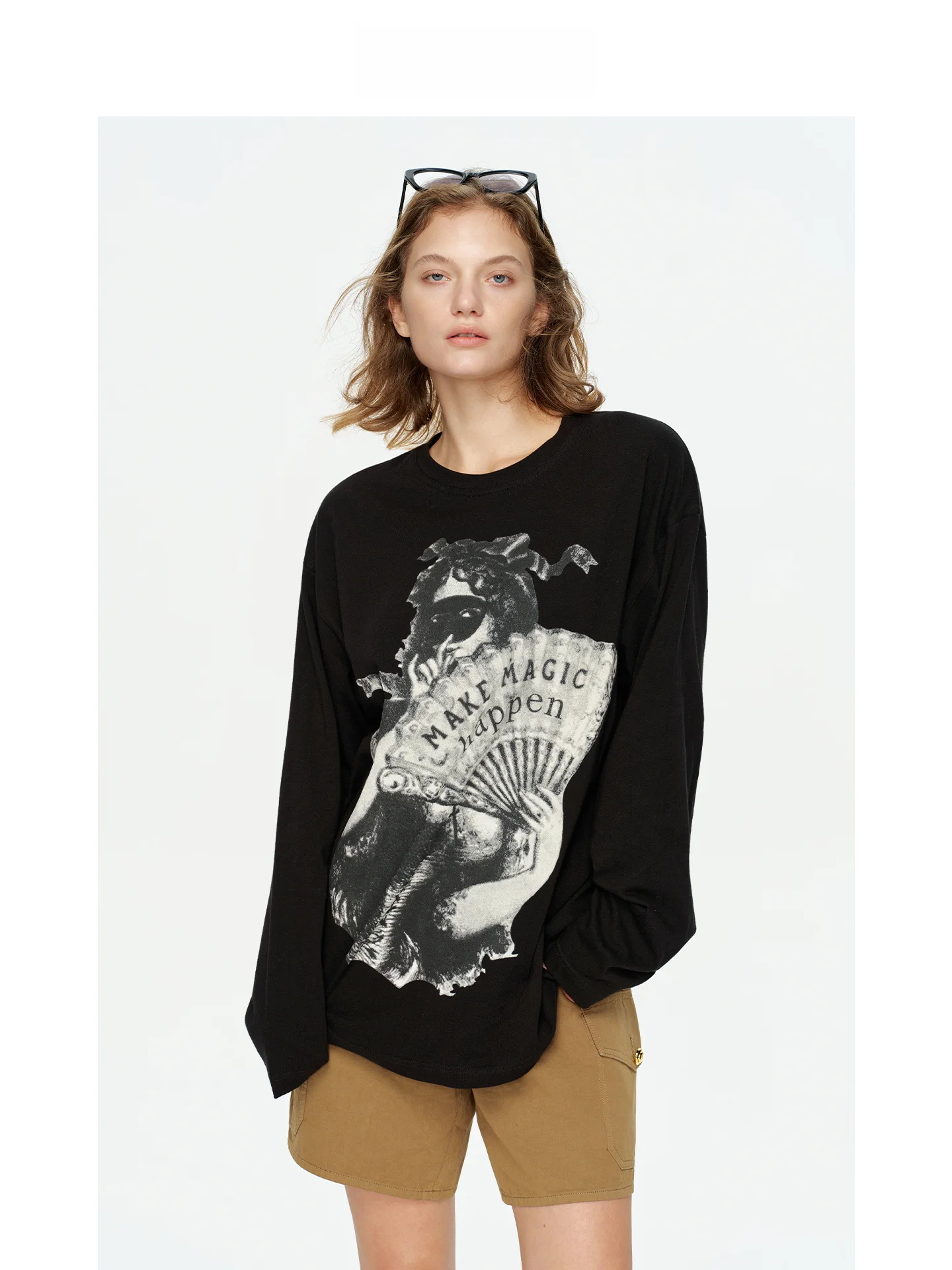 

Футболка EREMİN из чистого хлопка с длинным рукавом, удобная, с ретро-принтом, круглым вырезом, в повседневном стиле, свободного кроя, женская