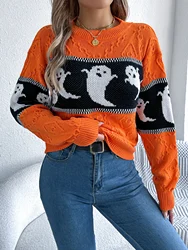 Halloween Women's Autumn and Winter Casual Striped Contrasting Ghost Pattern Long Sleeved Pullover Sweater