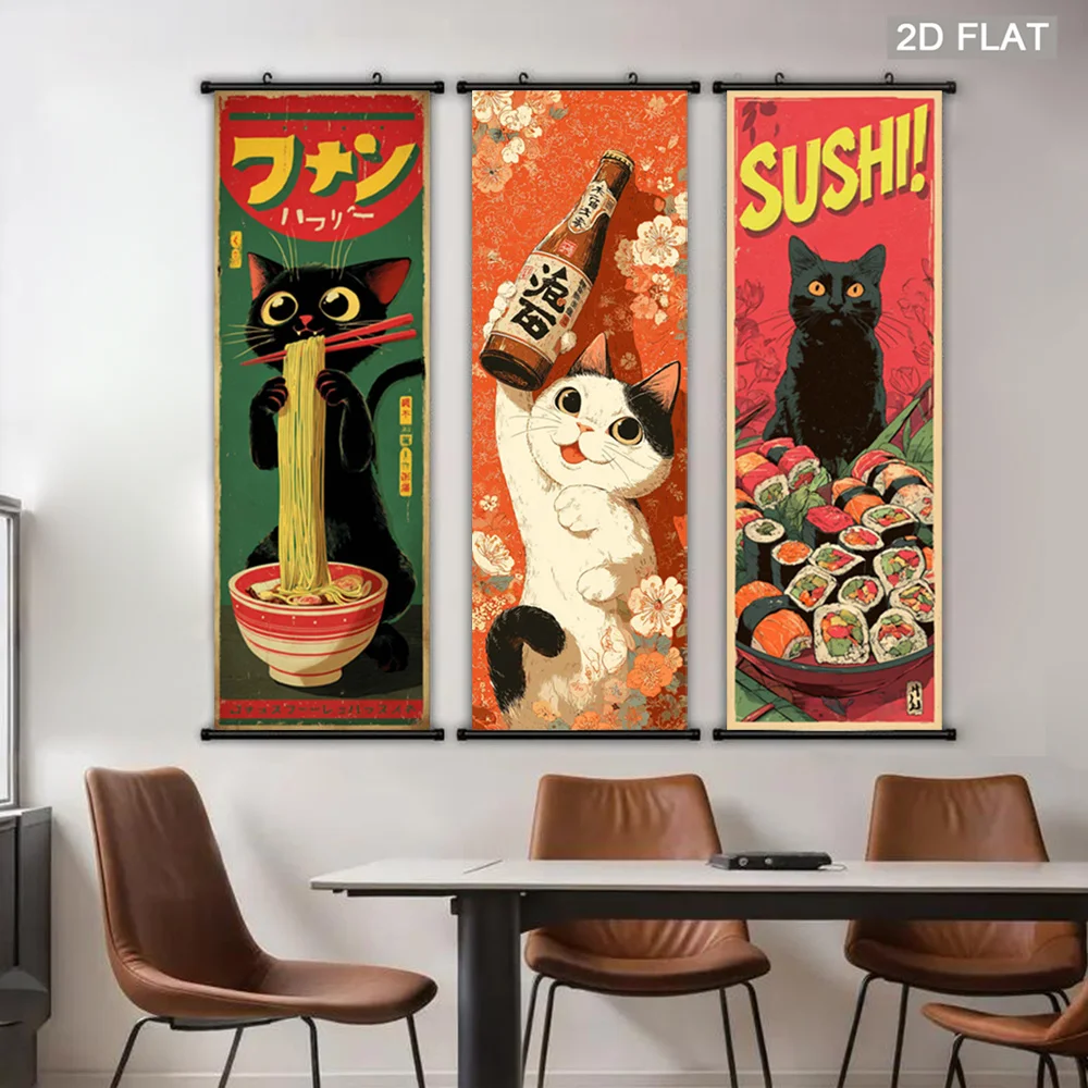 VIKAMA Cat Japanese Food Scroll Tapestry, Retro Cute Cat Ramen Noodles Poster, Wall Art for Living Room Decor
