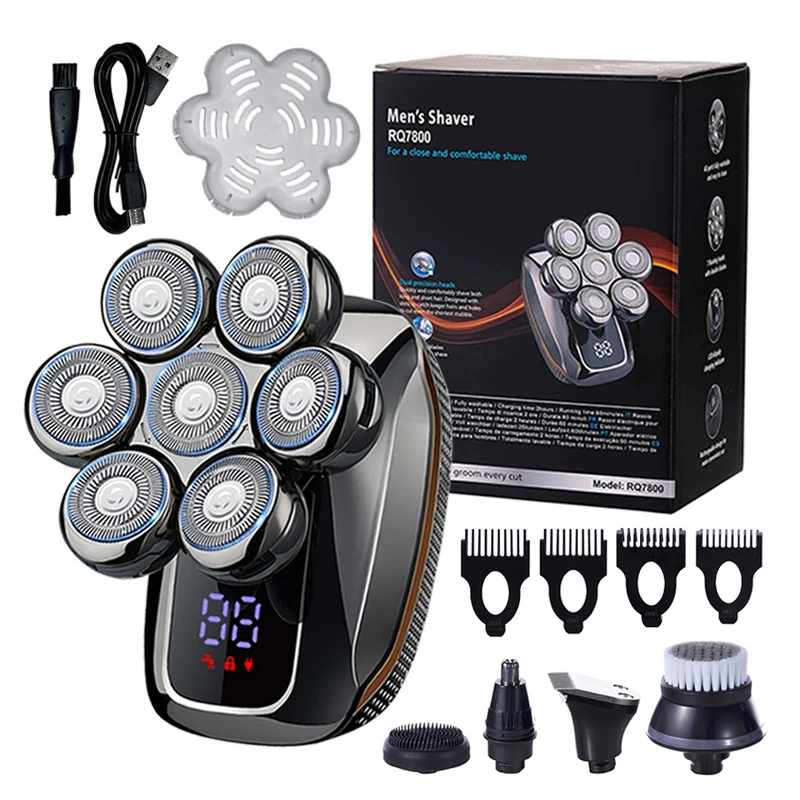 Floating 7-Blade 5-in-1 Electric Shaver For Men Rechargeable Nose Hair Trimmer Facial Cleaning Massager Bald Head  Beard Razor