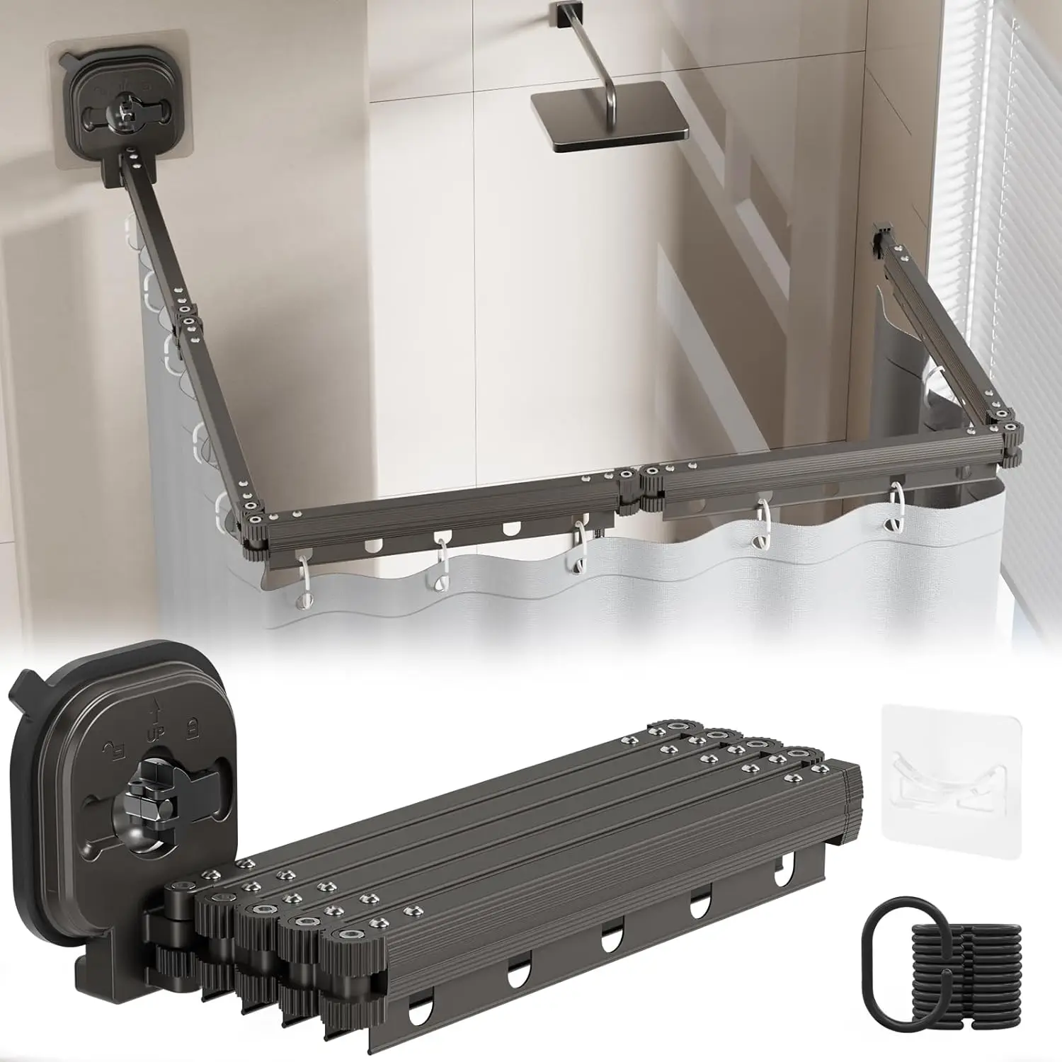 Adjustable Curved Shower Rods for Bathroom, Corner Curtain Rod No Drill, Space Saver, Suitable for RV, Clothing Store Fitting
