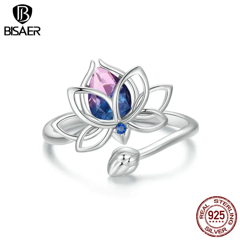 BISAER 925 Sterling Silver Lotus Flower anello aperto taglia 5-9 viola Eternity Band placcato platino per donne eleganti gioielleria raffinata