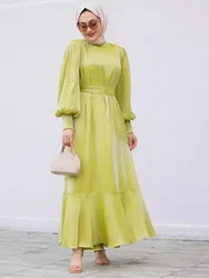 Eid Muslim Party Dress for Women Ramadan Lantern Sleeve Long Dress Belt Morocco Kaftan Vestidos Largos Dubai Robe Jalabiya 2024