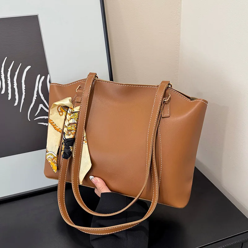 

Silk scarf stylish shoulder tote bag for women large capacity 2026 new style retro casual and elegant solid color bag