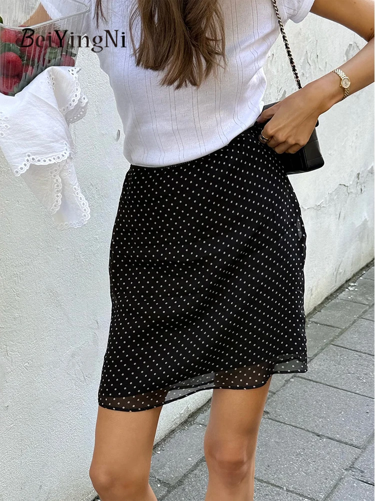 Beiyingni y2k Vintage Short Skirt Women Dots Printed Casual Spring Summer Black Mini Faldas Slim Fit Commute Skirts Ladies Jupes