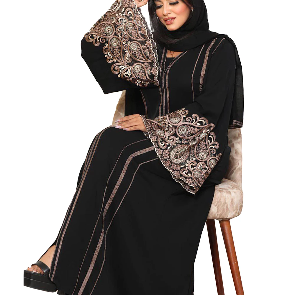 

African Traditional Dresses For Women Plus Size Hijab Abayas Dubai Party Dress Clothing Dashiki Embroidery Long Sleeve Maxi Robe