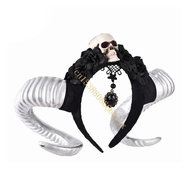 

Goth Devil Sheep Horn Headband with Flower Decor Cosplay Taking Photo Prop 066C