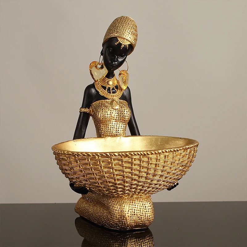 African Girl Holding A Plate Sculpture Home Office Decor Storage Ornaments Vintage Collectible Resin Craft Deskt Decor Tray