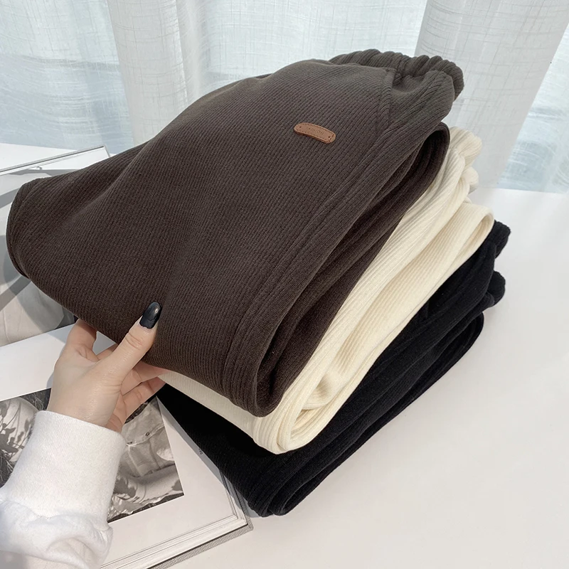 

Женские спортивные брюки-шаровары большого размера с высокой талией, утепленные флисом, эластичные, с манжетами, для повседневной носки