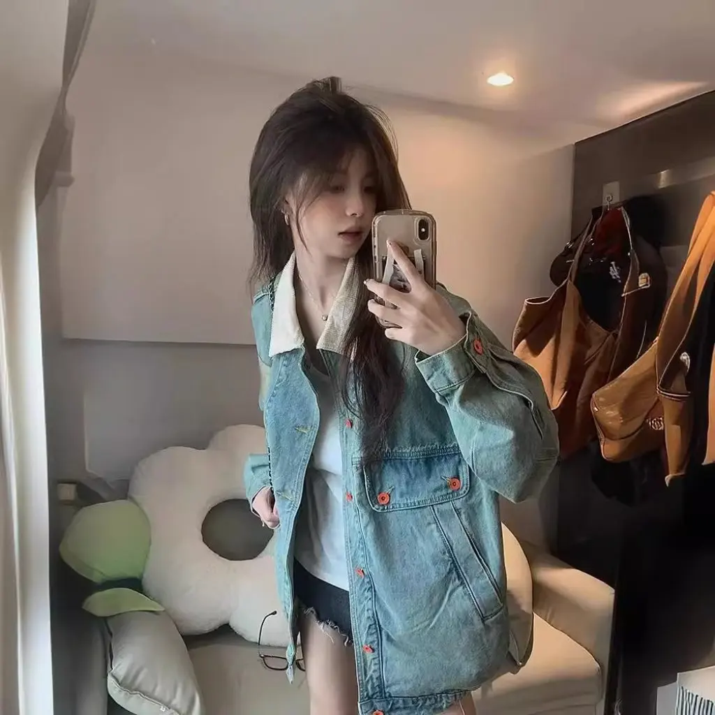 

Женская винтажная джинсовая куртка с потертой строчкой в гонконгском стиле, весенне-осенний вельветовый свободный топ для пар