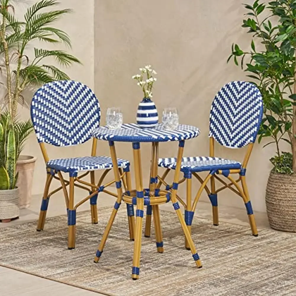 French Style Outdoor Bistro Set Aluminum Frame Bamboo Finish Navy Blue White Wicker Rattan Lightweight Rust-Resistant Table