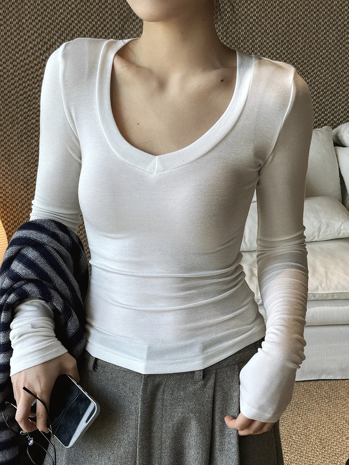 

Wool Lyocell Tops Scoop Neck T Shirt Long Sleeve Cropped Slim Fit Tees