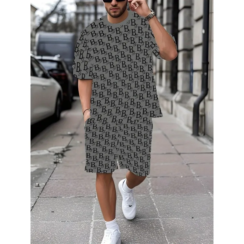2025 Men's Summer 3D Printed Round Neck Short Sleeved T-shirt and Shorts Set for Daily Leisure, Sports, Breathable Street Wear