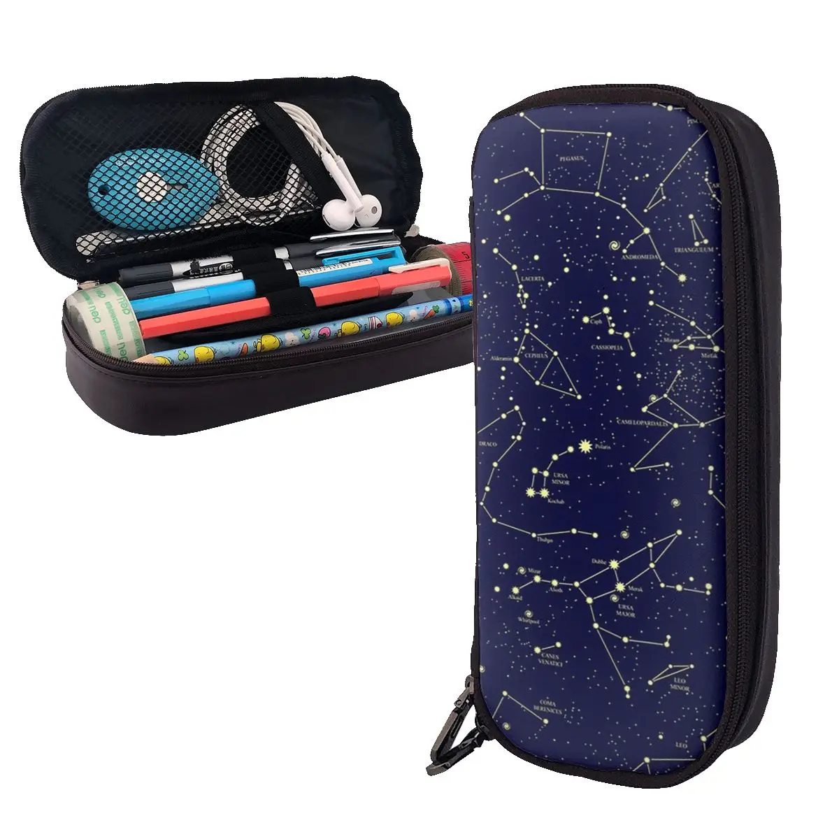 Night Sky Golden Celestial Stars Zodiac Constellations Leather Pencil Cases Pen Holder Big Capacity Pen Box Pencil Bag for Gifts