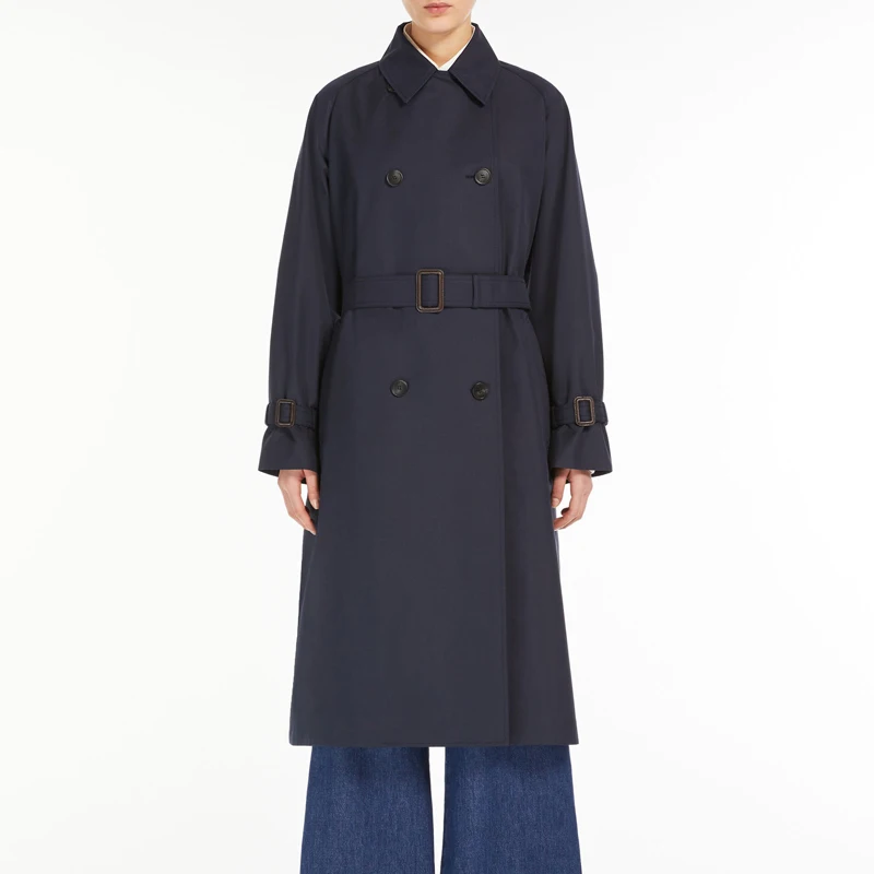 Navy Blue Women's Trench Coat – Double-Breasted Knee-Length Elegant Cotton Windproof Windbreaker