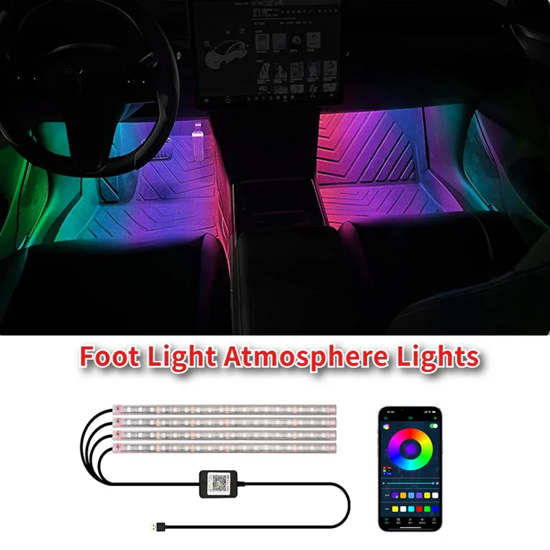 USB Car Foot Lights LED Ambient Lamp APP Control RGB Interior Decorative LED Rhythm Light Car Universal for Tesla Model 3/Y/S/X