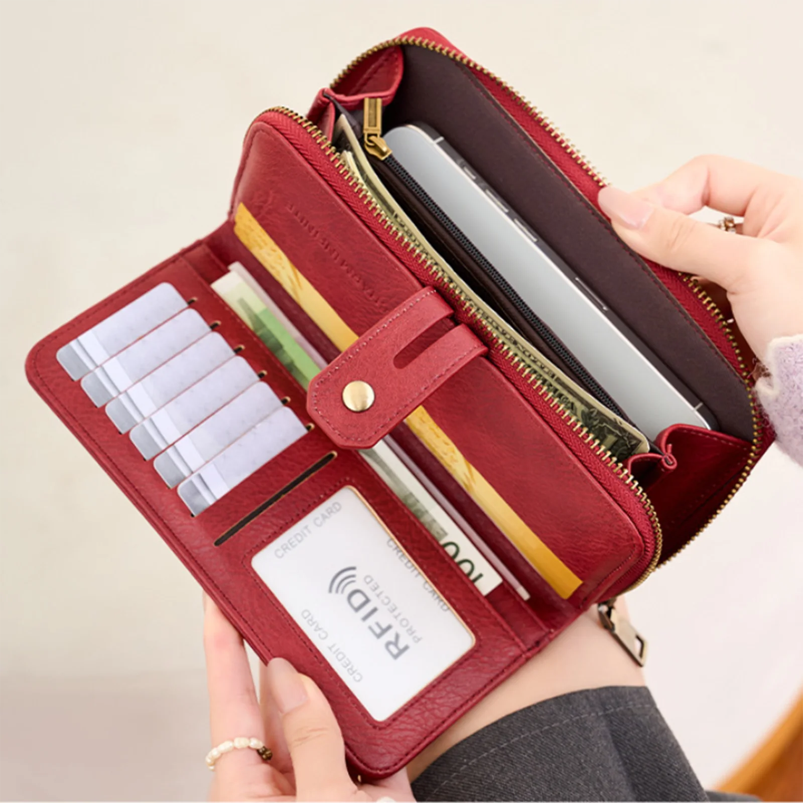 

Женский кошелек из искусственной кожи с застежкой на кнопку, с защитой от RFID, портативный держатель для карт, портмоне