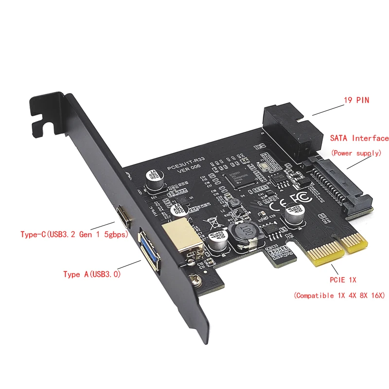 데스크탑용 USB 3.1 C타입 PCIe 확장 카드, PCI Express X1 에서 USB3.0 + C타입 19 핀 어댑터, PCIE 라이저 카드 추가 