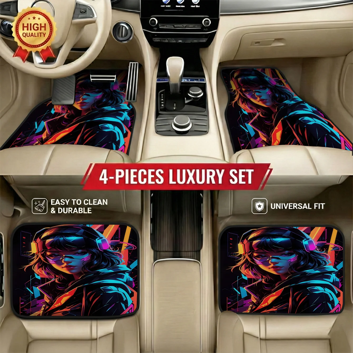 

Комплект из 4 автомобильных ковриков с женским принтом | Универсальный, подходит для большинства автомобилей, легко чистится, прочная защита салона из полиэстера.