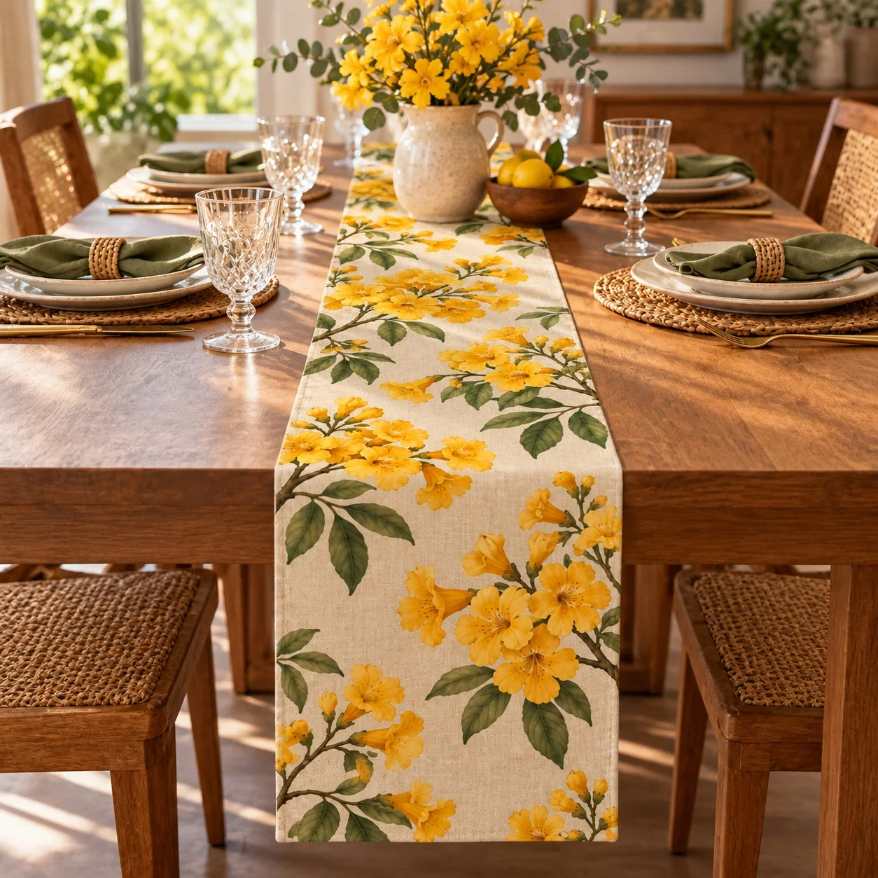 Yellow Blossom Table Runner Floral Botanical Table Flag Rustic Farmhouse Dining Decor Party Home Kitchen Decoration