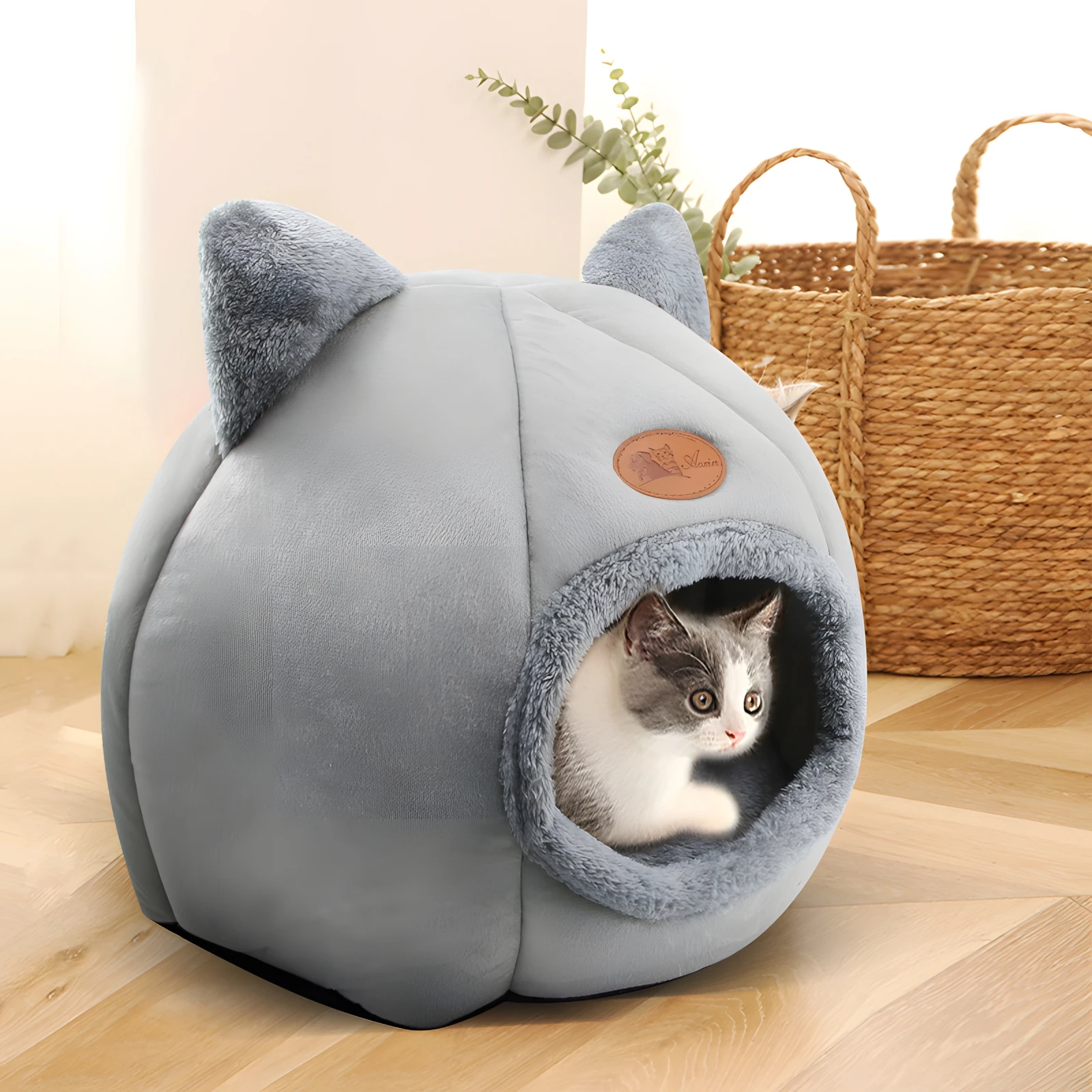 Winter Cat Bed With Cute Cat Ears Deep Sleep Comfort Little Mat Basket for Small Dog Semi-closed Pets Tent Cozy Nest Indoor Cato