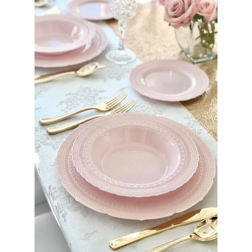 أطباق عشاء بلاستيكية ثقيلة الوزن مستوحاة من الطراز القديم وقابلة لإعادة الاستخدام، 80 عبوة لـ 40 ضيفًا، مقاس 11 عشاء مع أطباق إضافية #6