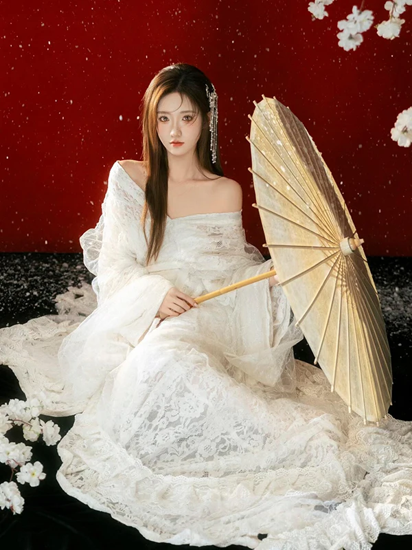 Elegant White Lace Hanfu Women's One-Shoulder Floor-Length Dress Photography Costume High-End Feeling Traditional Court Style