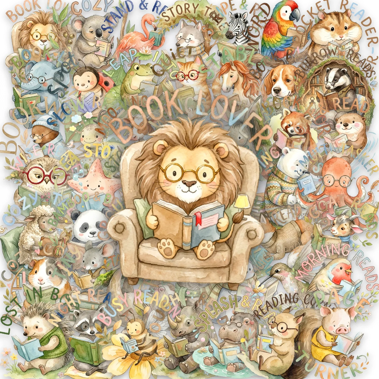 50 Pcs Watercolor Animal Reading Stickers Set DIY Student Scrapbook Phone Skate Helmet Scrapbook Cup Clear Waterproof Decals
